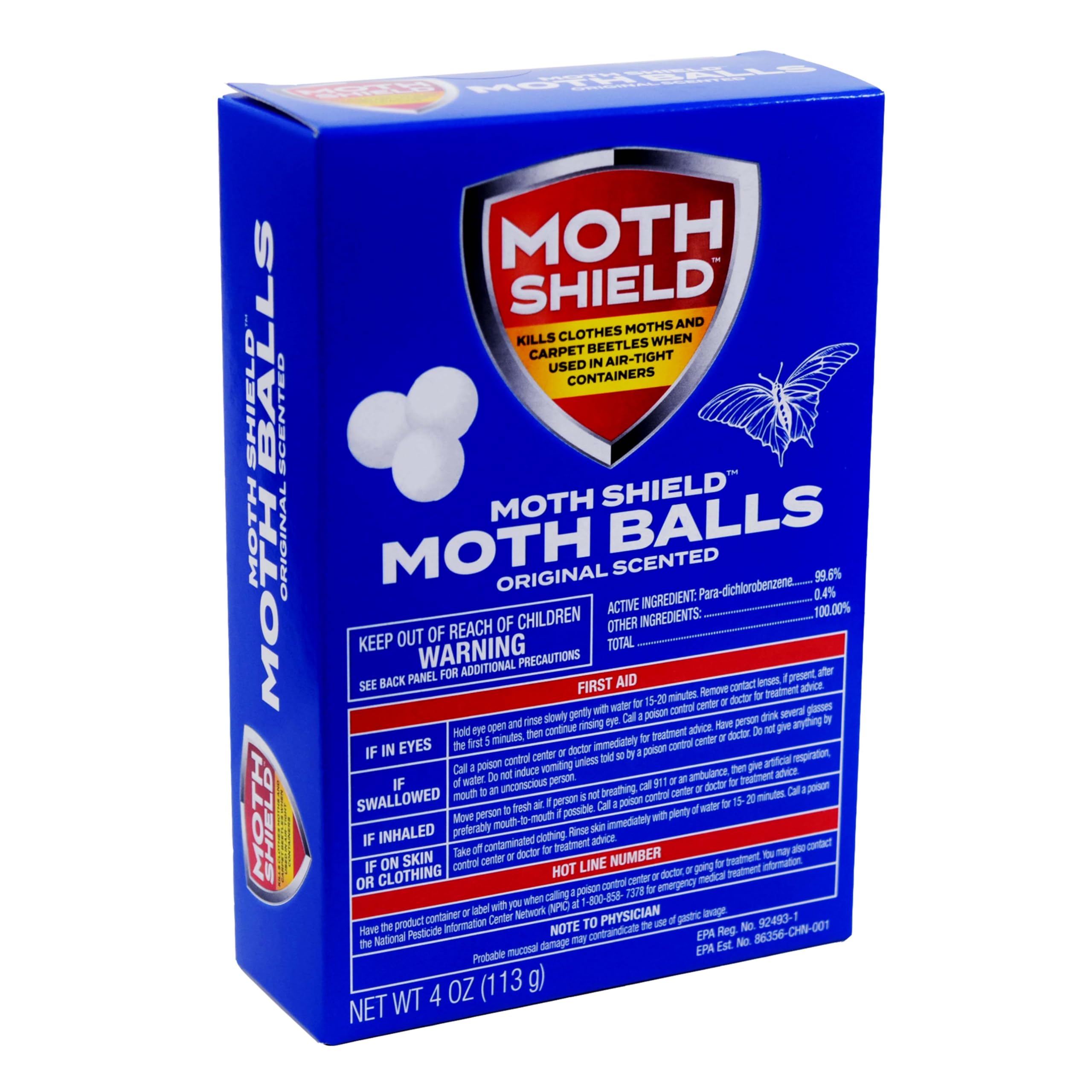 Mothshield 4 Pack Old Fashioned Original Moth Balls, Carpet Beetles, Kills Clothes Moth, Repellent Closet Clothes Protector, No
